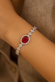 Elegant Silver-Plated Bracelet with Red Crystal Center for Women & Girls